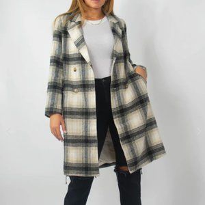 Grey Bandit Le Lis Cream Plaid Tailored Wool Blend Coat Size S